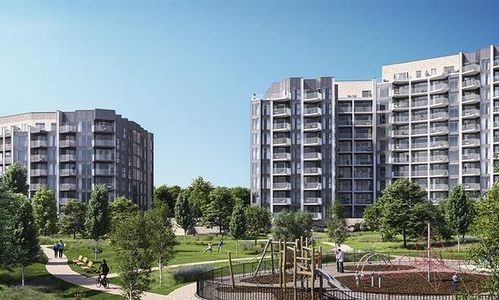 CGI of Dylon Riverside in Sydenham, SE26. The grey apartment buildings are in the background witih a green park in front, with lots of leafy green trees and pathways. A childrens' playground is front right.